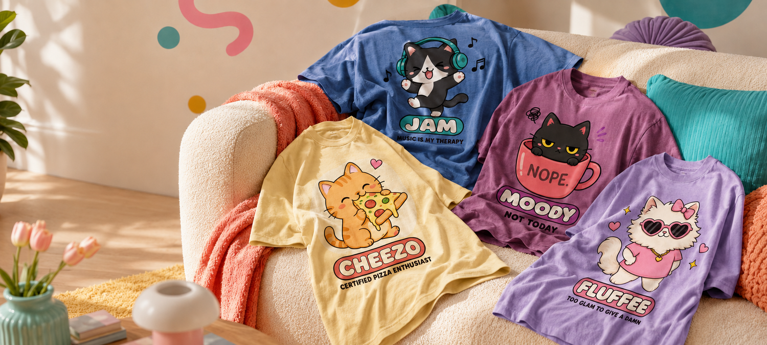 Four colorful graphic T-shirts displayed on a beige sofa in a cozy room setting. The shirts feature cartoon cat designs with humorous quotes: blue 'JAM', purple 'MOODY', yellow 'CHEEZO', and lavender 'FLUFFERS'.