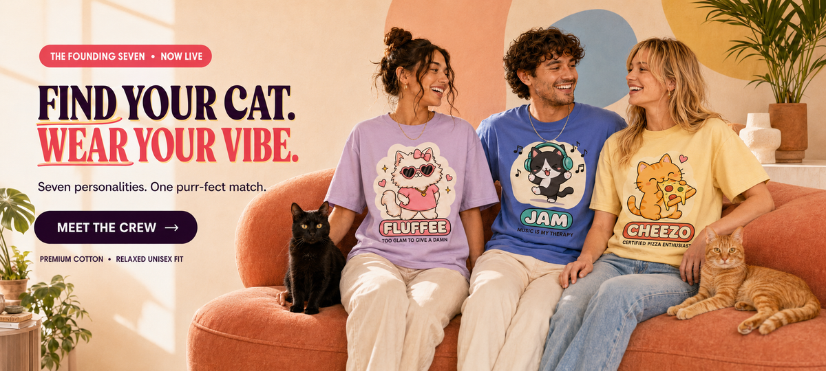 hree people wearing Fluffee, Jam and Cheezo cat graphic T-shirts.