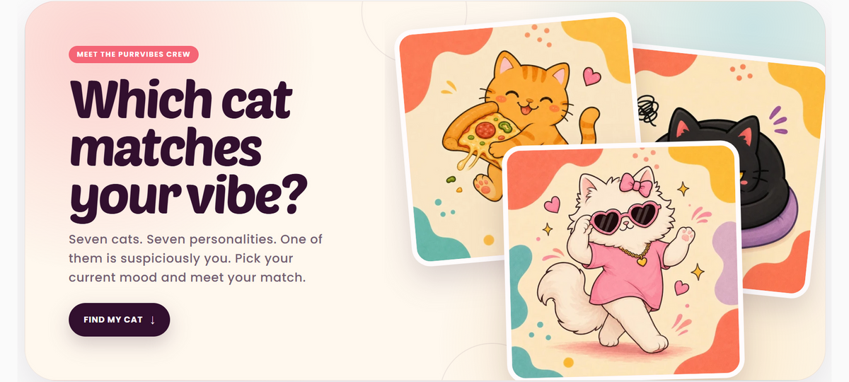 PurrVibes Find Your Vibe banner featuring Cheezo, Moody and Fluffee character cards.